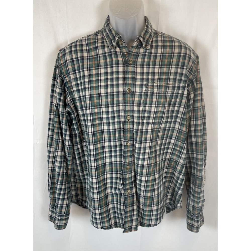 EDDIE BAUER Men XL Green Plaid 100% Cotton Flannel Shirt Button Up Long‎ Sleeve
